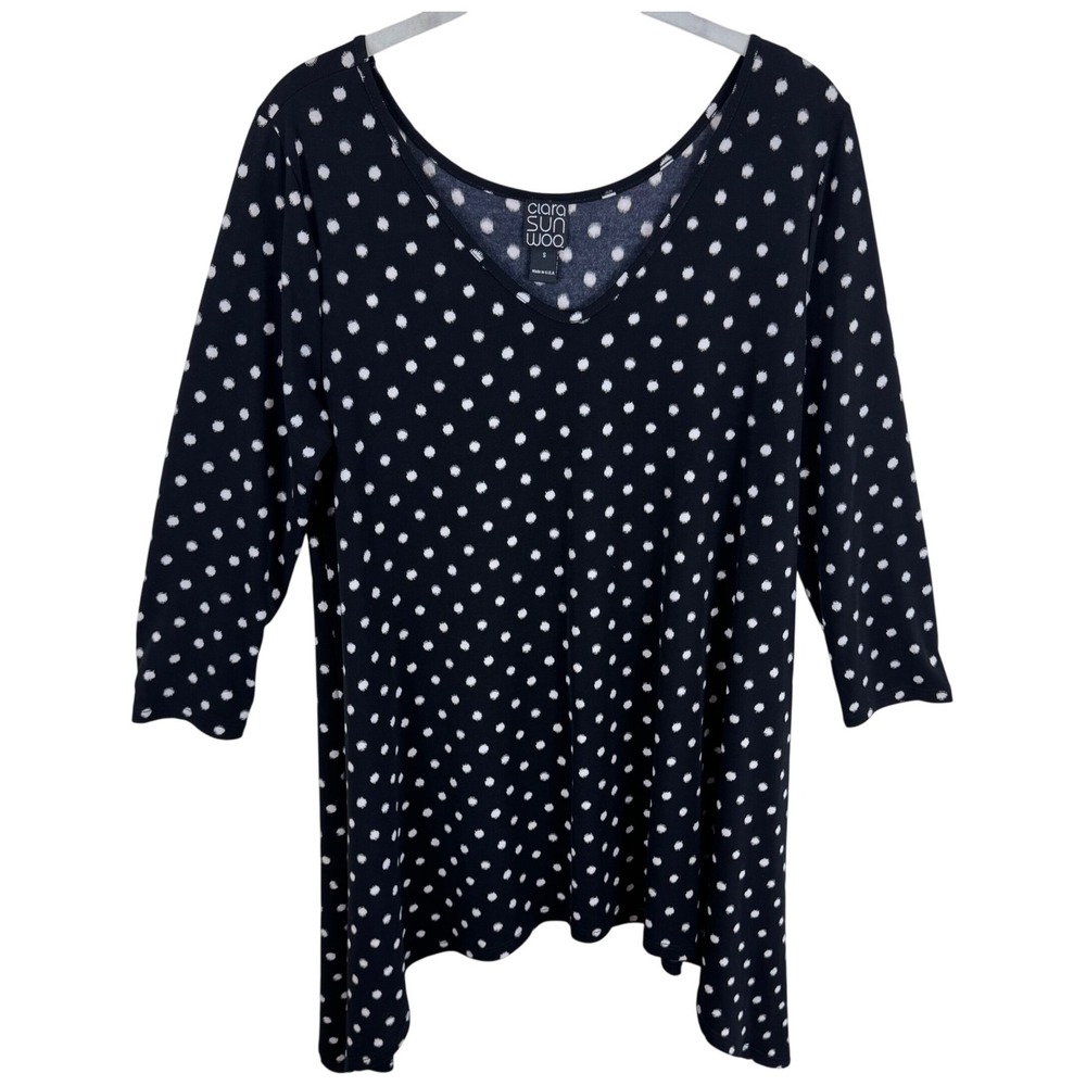 Clara Sunwoo Womens Black White Polka Dot V-Neck Sharkbite Tunic Top Size Small